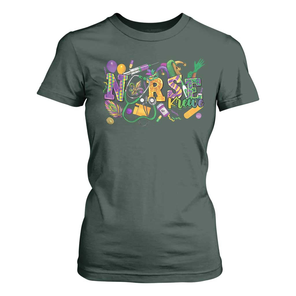 Funny Mardi Gras Nurse Krewe Healthcare T Shirt For Women TS11 Dark Forest Green Print Your Wear