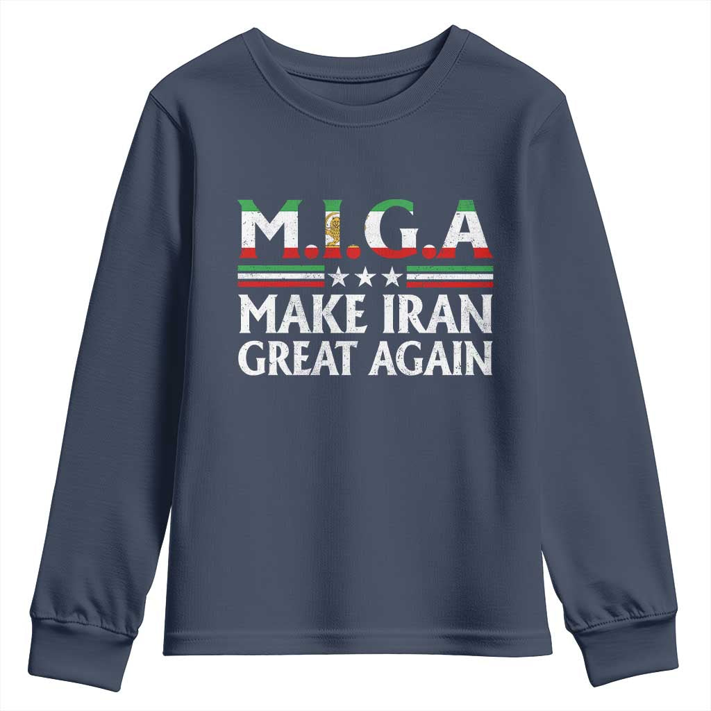 Make Iran Great Again Youth Sweatshirt MIGA Emblem Of Iran Persian Lion Flag TS11 Navy Print Your Wear