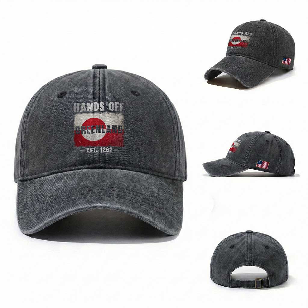 Hands Off Greenland Washed Cotton Baseball Cap Greenland EST 1262 Political Protest TS11 Washed Cap Universal Fit Dark Gray Print Your Wear