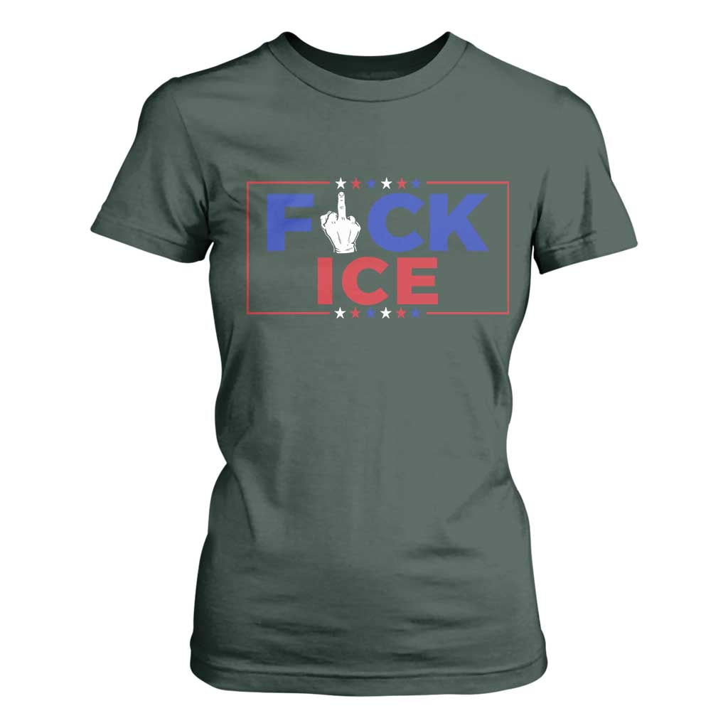 Funny Fck Ice T Shirt For Women Immigration Activist Anti Deportation Middle Finger Graphic TS11 Dark Forest Green Print Your Wear