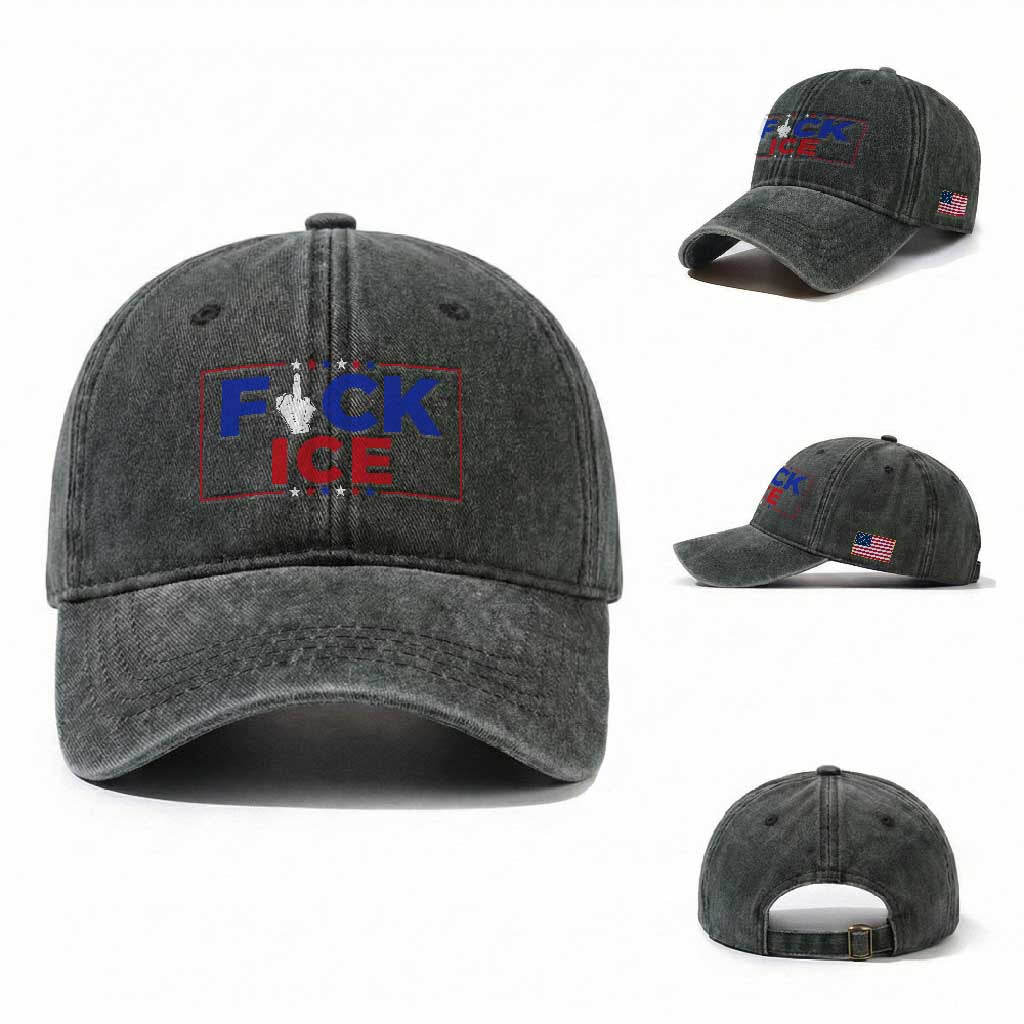 Funny Fck Ice Washed Cotton Baseball Cap Immigration Activist Anti Deportation Middle Finger Graphic TS11 Washed Cap Universal Fit Dark Green Print Your Wear