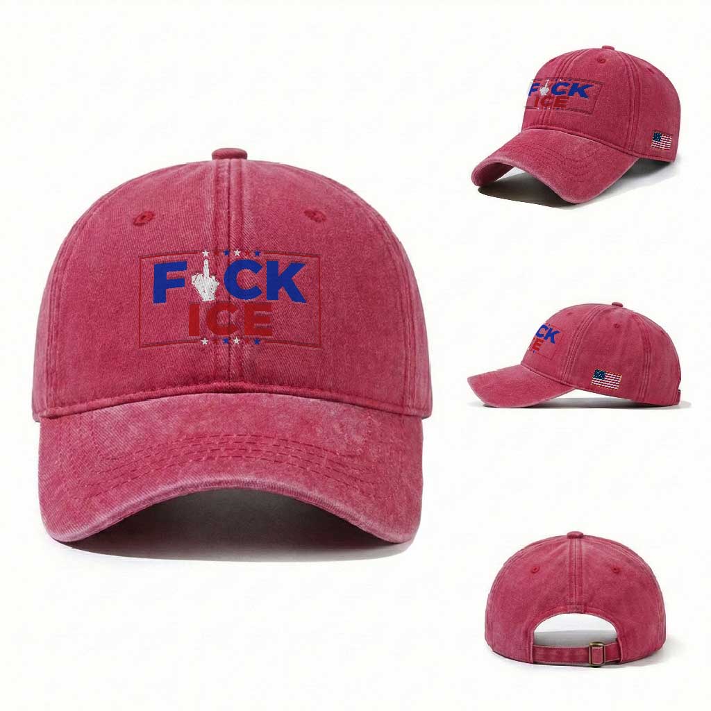 Funny Fck Ice Washed Cotton Baseball Cap Immigration Activist Anti Deportation Middle Finger Graphic TS11 Washed Cap Universal Fit Red Print Your Wear