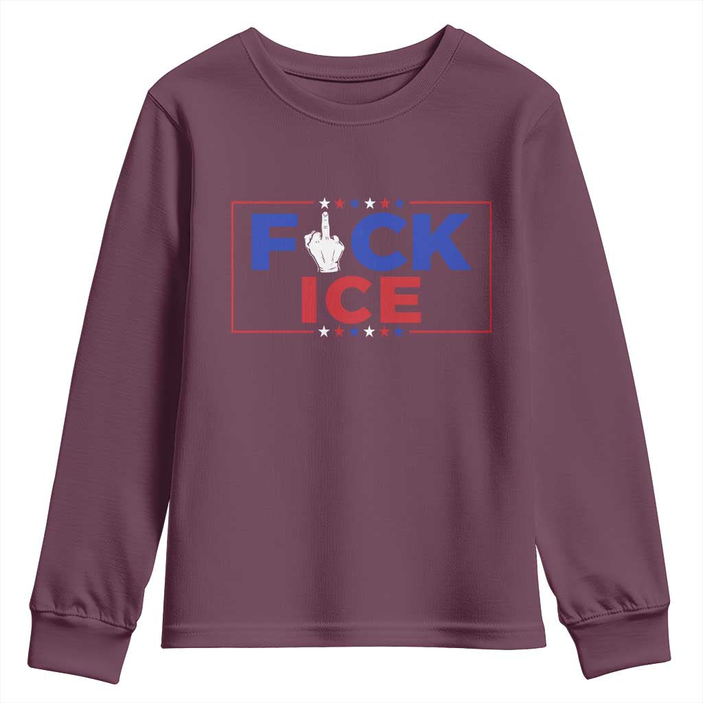 Funny Fck Ice Youth Sweatshirt Immigration Activist Anti Deportation Middle Finger Graphic TS11 Maroon Print Your Wear