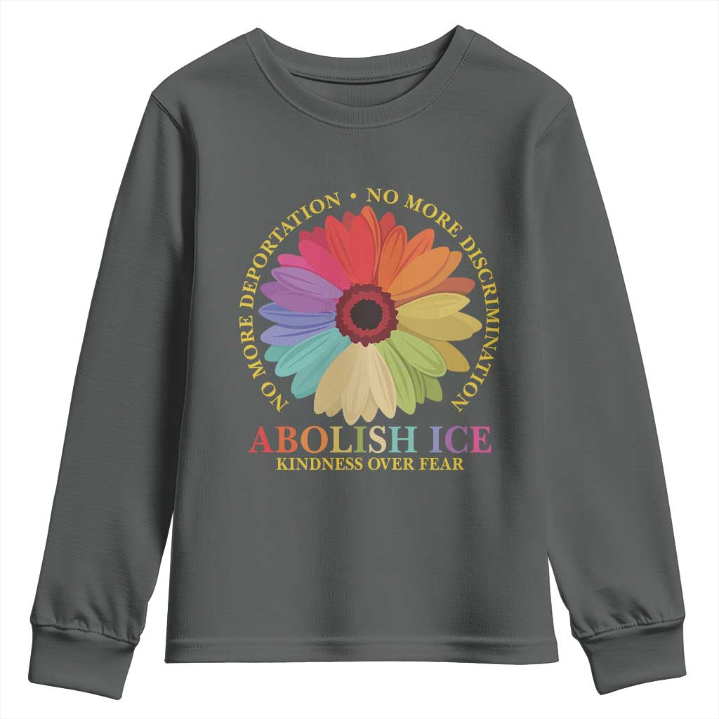 Abolish Ice Youth Sweatshirt No More Deportation No More Discrimmination Kindness Over Fear TS11 Dark Heather Print Your Wear