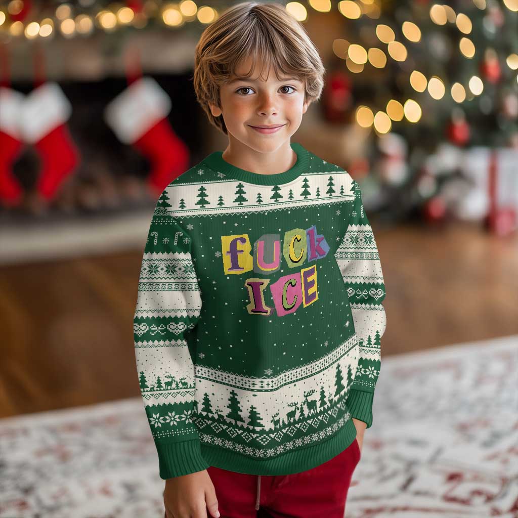 Fck Ice Ugly Christmas Sweater Immigration Activist Magazine Cutout Paper Graphic TS11 Forest Green Beige Print Your Wear