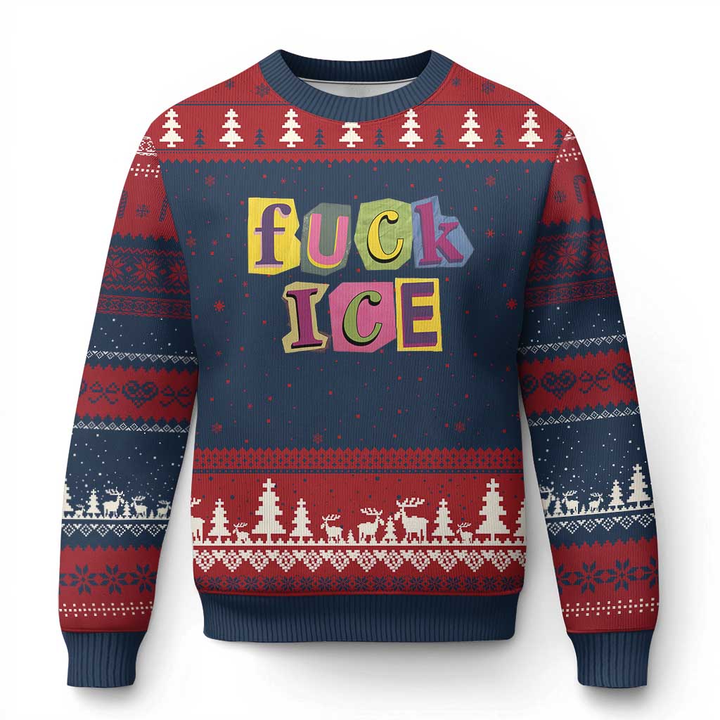 Fck Ice Ugly Christmas Sweater Immigration Activist Magazine Cutout Paper Graphic TS11 Navy Red Print Your Wear