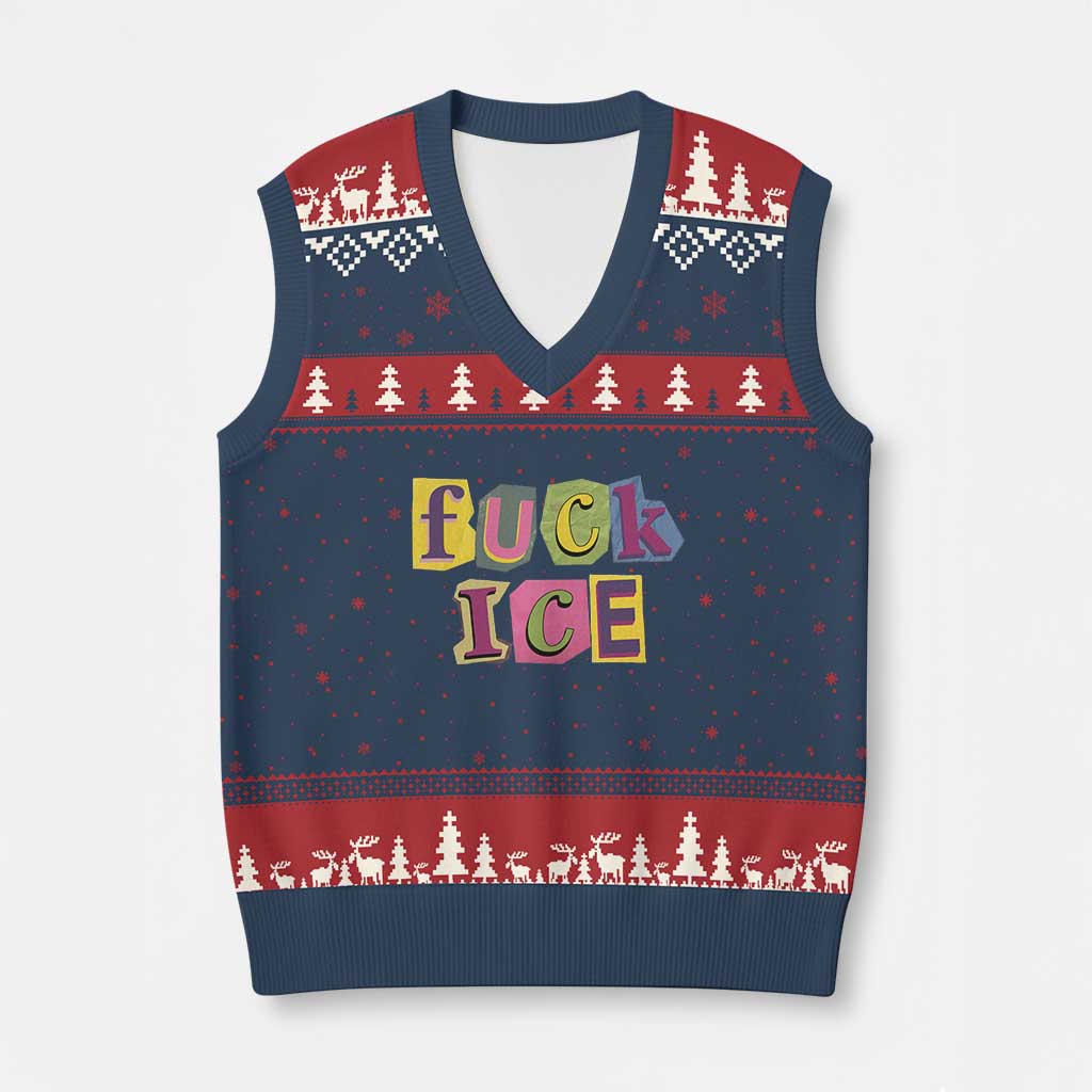 Fck Ice V-Neck Knit Sweater Vest Immigration Activist Magazine Cutout Paper Graphic TS11 Navy Red Print Your Wear