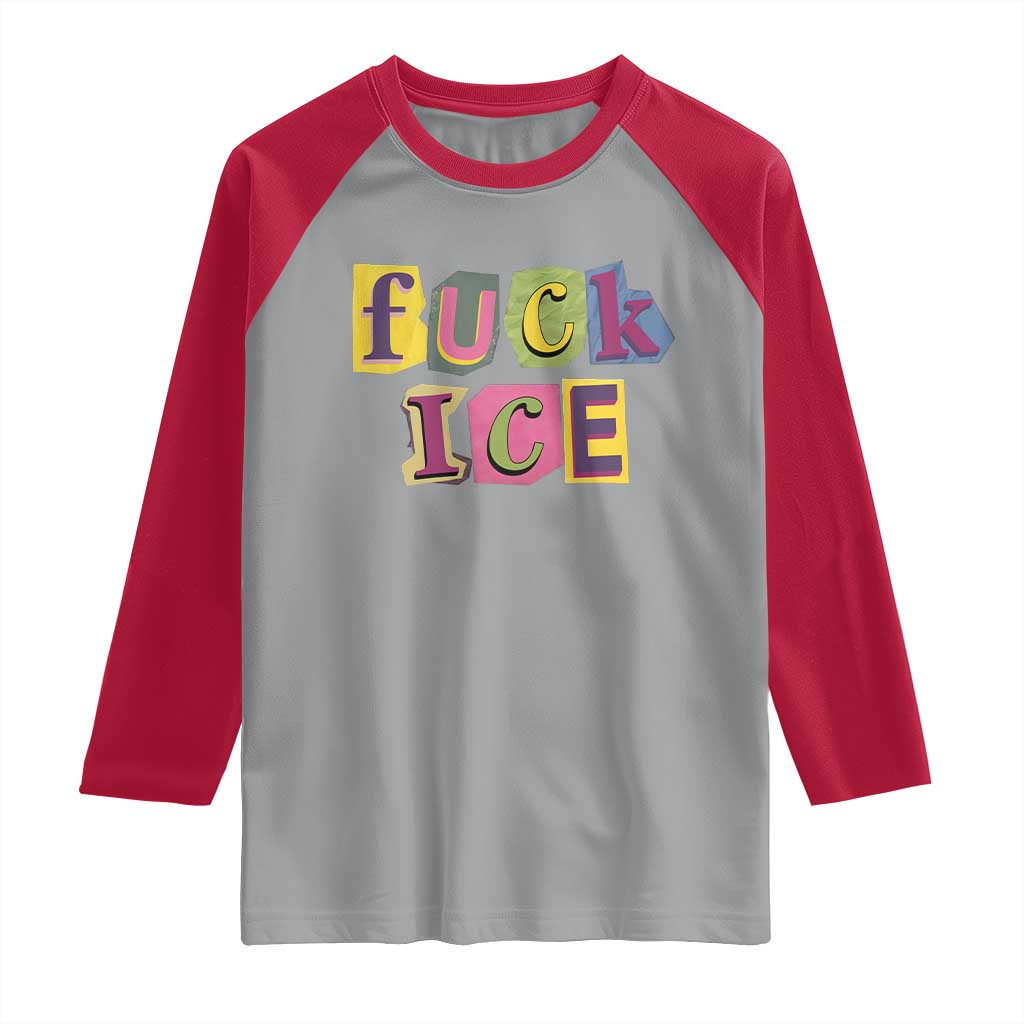 Fck Ice Raglan Shirt Immigration Activist Magazine Cutout Paper Graphic TS11 Sport Gray Red Print Your Wear