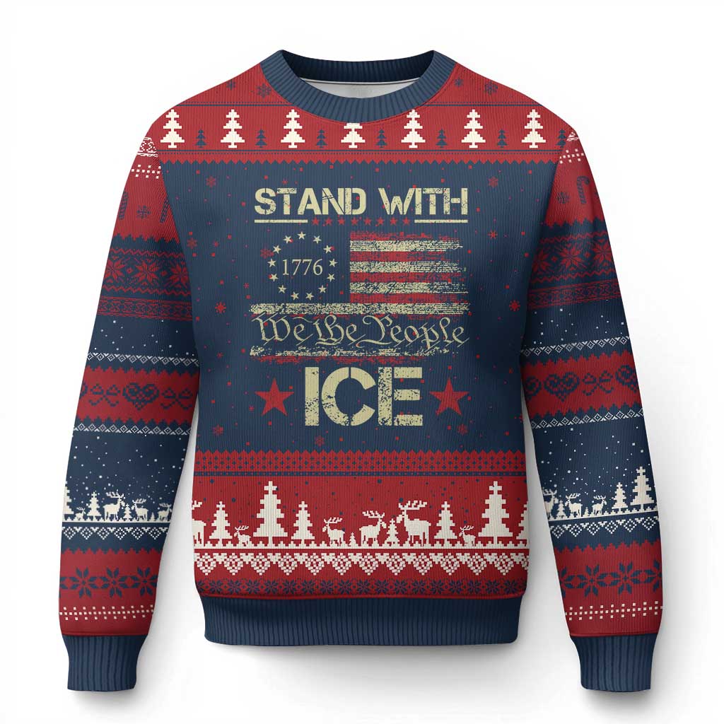 Stand With Ice Ugly Christmas Sweater Immigration Officers American Flag Border Patrol TS11 Navy Red Print Your Wear