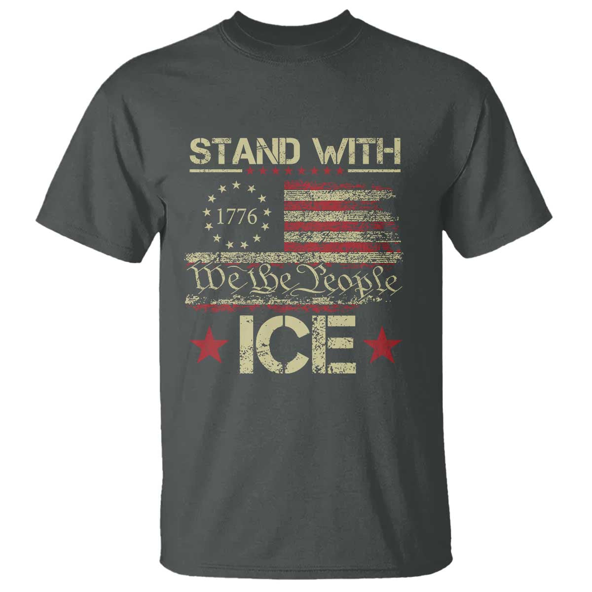 Stand With Ice T Shirt - Immigration Officers American Flag Border Patrol Support Tee TS11 Dark Heather Print Your Wear