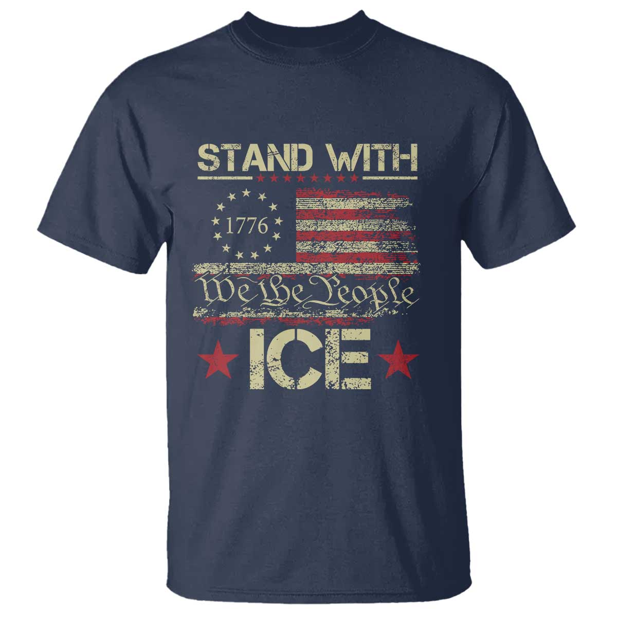 Stand With Ice T Shirt - Immigration Officers American Flag Border Patrol Support Tee TS11 Navy Print Your Wear
