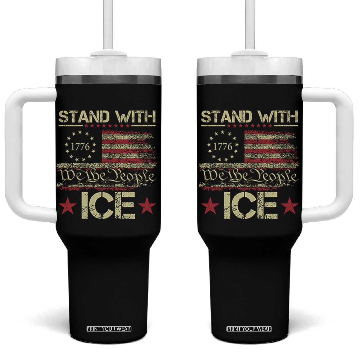 Stand With Ice Tumbler With Handle Immigration Officers American Flag Border Patrol TS11 One Size: 40 oz Black Print Your Wear