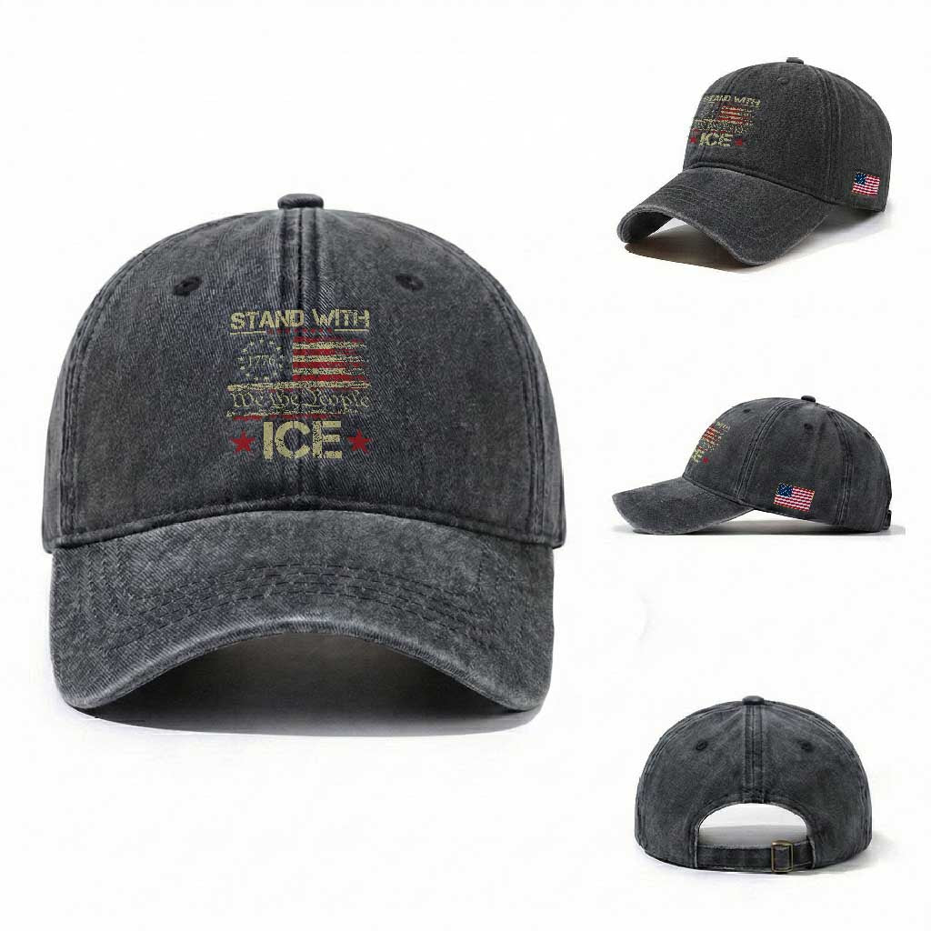 Stand With Ice Washed Cotton Baseball Cap Immigration Officers American Flag Border Patrol TS11 Washed Cap Universal Fit Dark Gray Print Your Wear