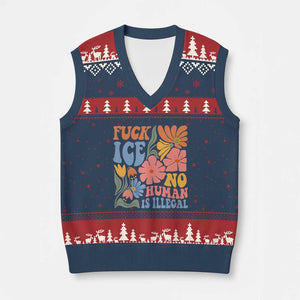 Fck Ice No Human Is Illegal V-Neck Knit Sweater Vest Immigration Rights Protest Rertro Floral TS11 Navy Red Print Your Wear