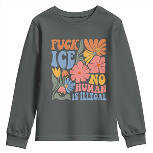 Fck Ice No Human Is Illegal Youth Sweatshirt - Immigration Rights Protest Retro Floral TS11 Dark Heather Print Your Wear