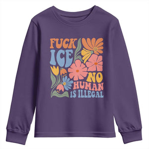 Fck Ice No Human Is Illegal Youth Sweatshirt - Immigration Rights Protest Retro Floral TS11 Purple Print Your Wear
