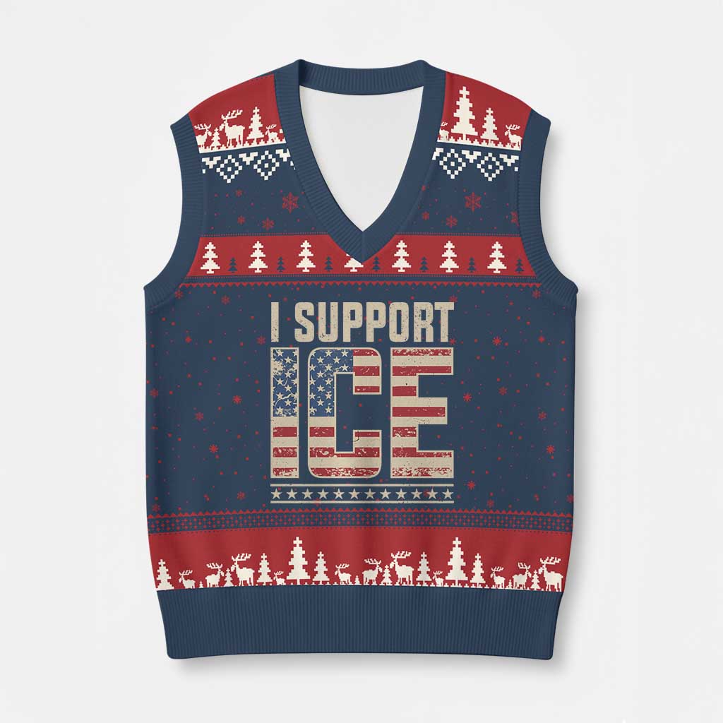 I Support ICE V-Neck Knit Sweater Vest Immigration Officers Vintage American Flag TS11 Navy Red Print Your Wear