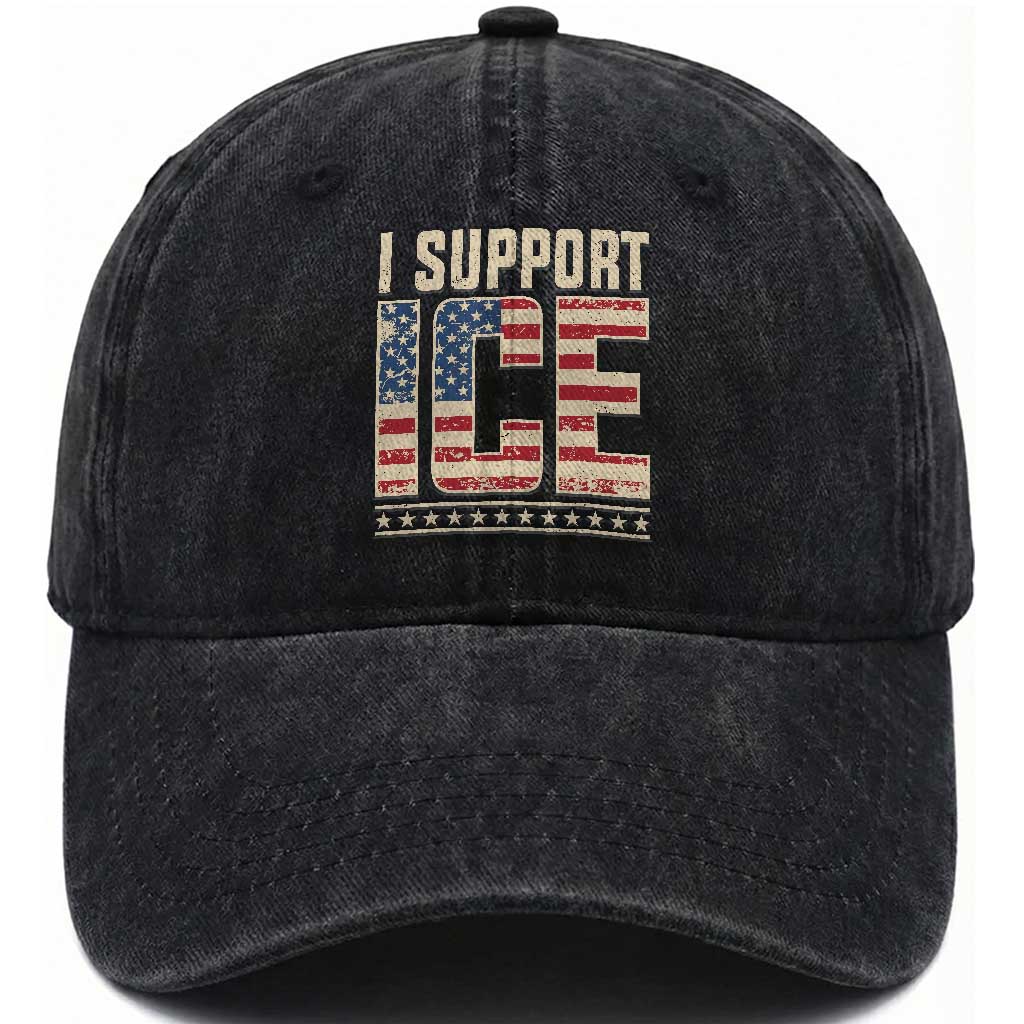 I Support ICE Washed Cotton Baseball Cap Immigration Officers Vintage American Flag TS11 Print Your Wear