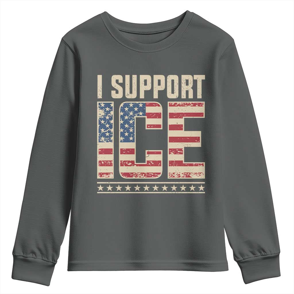 I Support ICE Youth Sweatshirt Immigration Officers Vintage American Flag TS11 Dark Heather Print Your Wear