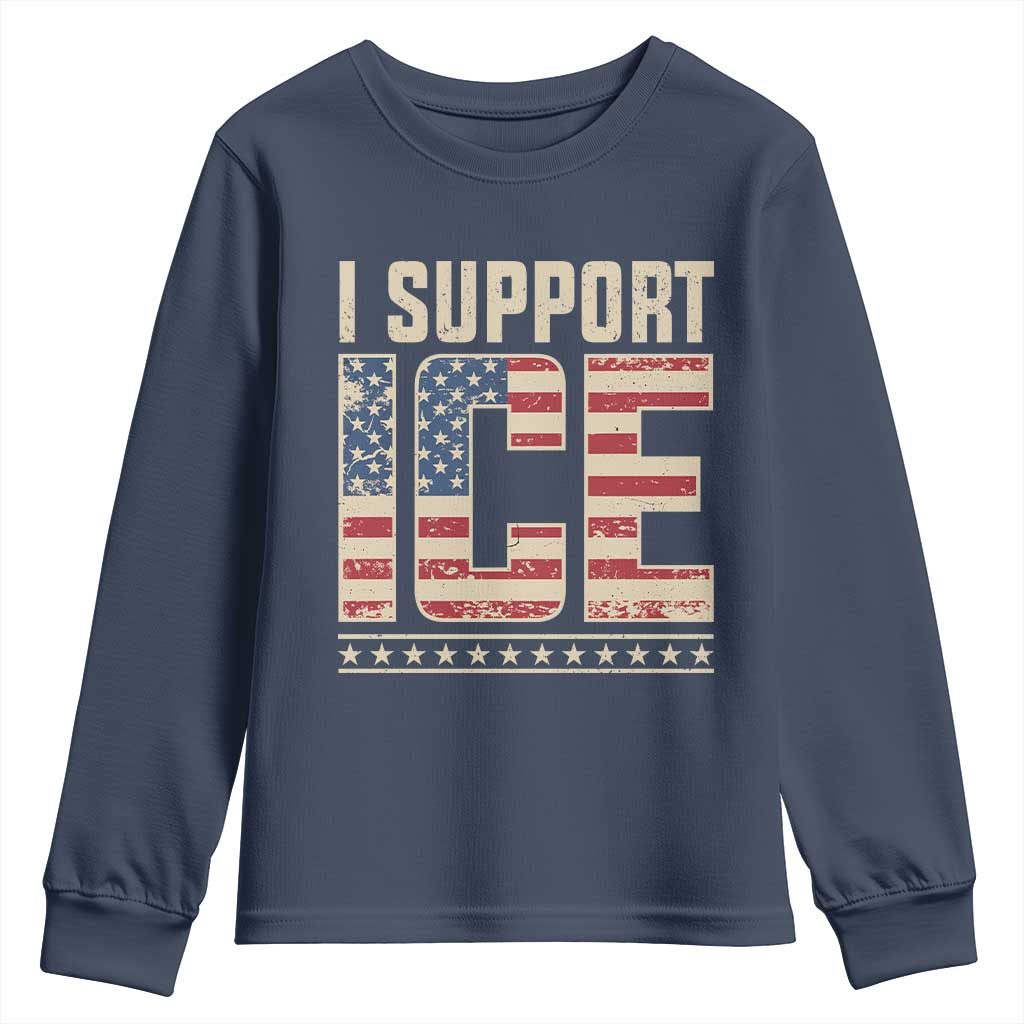 I Support ICE Youth Sweatshirt Immigration Officers Vintage American Flag TS11 Navy Print Your Wear