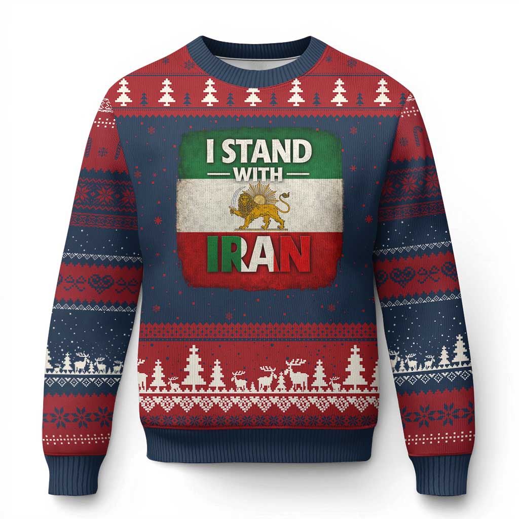 I Stand With Iran Ugly Christmas Sweater Free Iran Support Persian Lion Flag TS11 Navy Red Print Your Wear