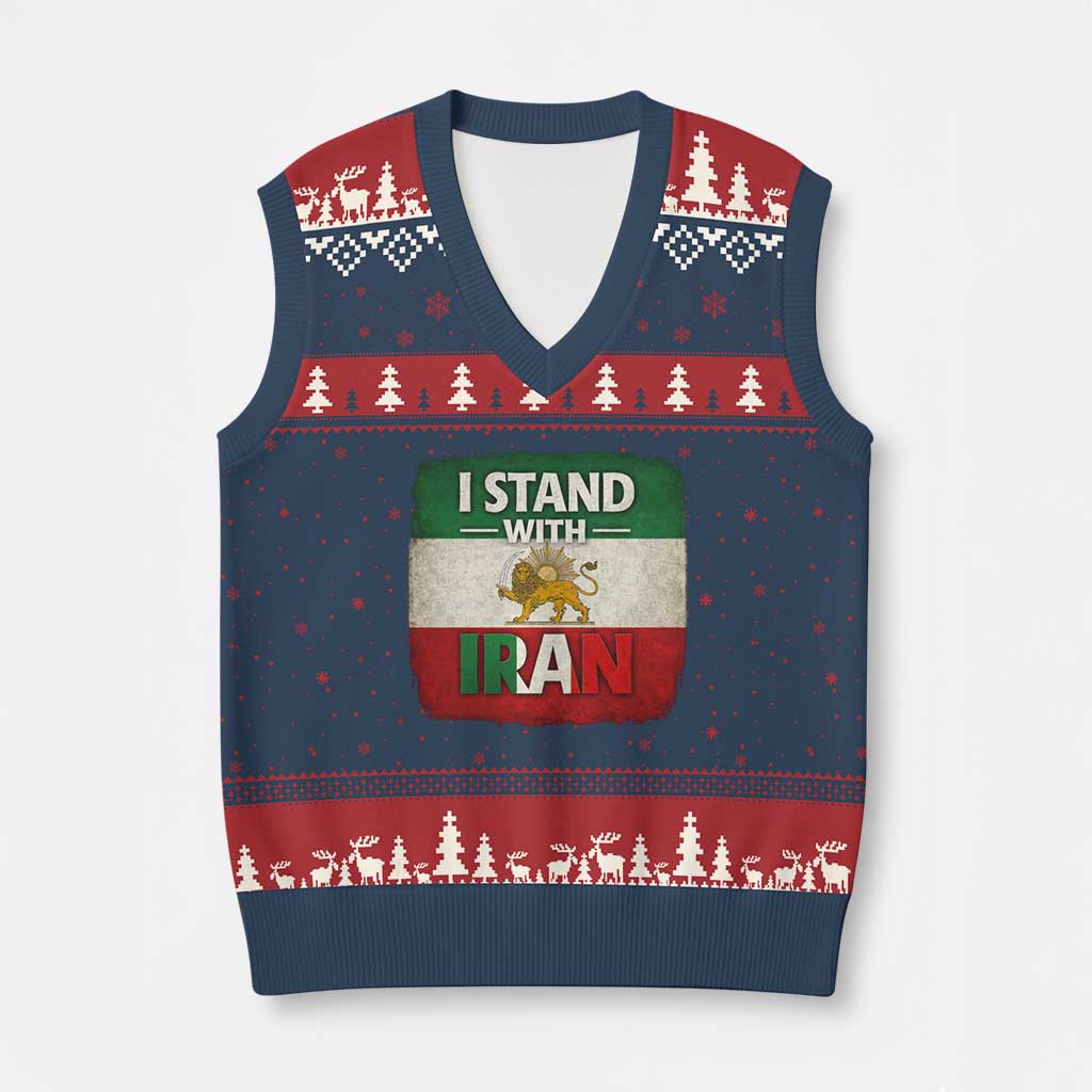 I Stand With Iran V-Neck Knit Sweater Vest Free Iran Support Persian Lion Flag TS11 Navy Red Print Your Wear
