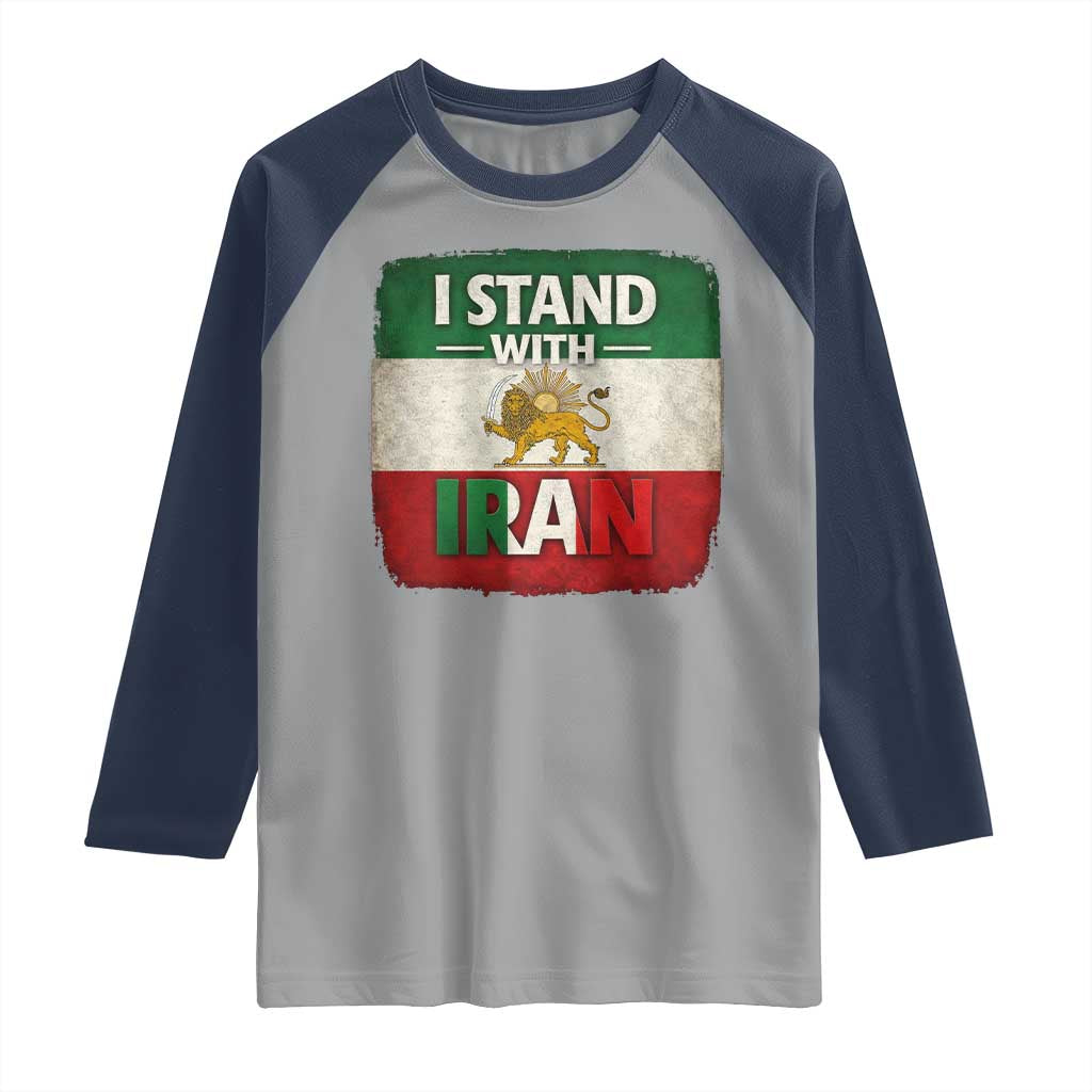 I Stand With Iran Raglan Shirt Free Iran Support Persian Lion Flag TS11 Sport Gray Navy Print Your Wear