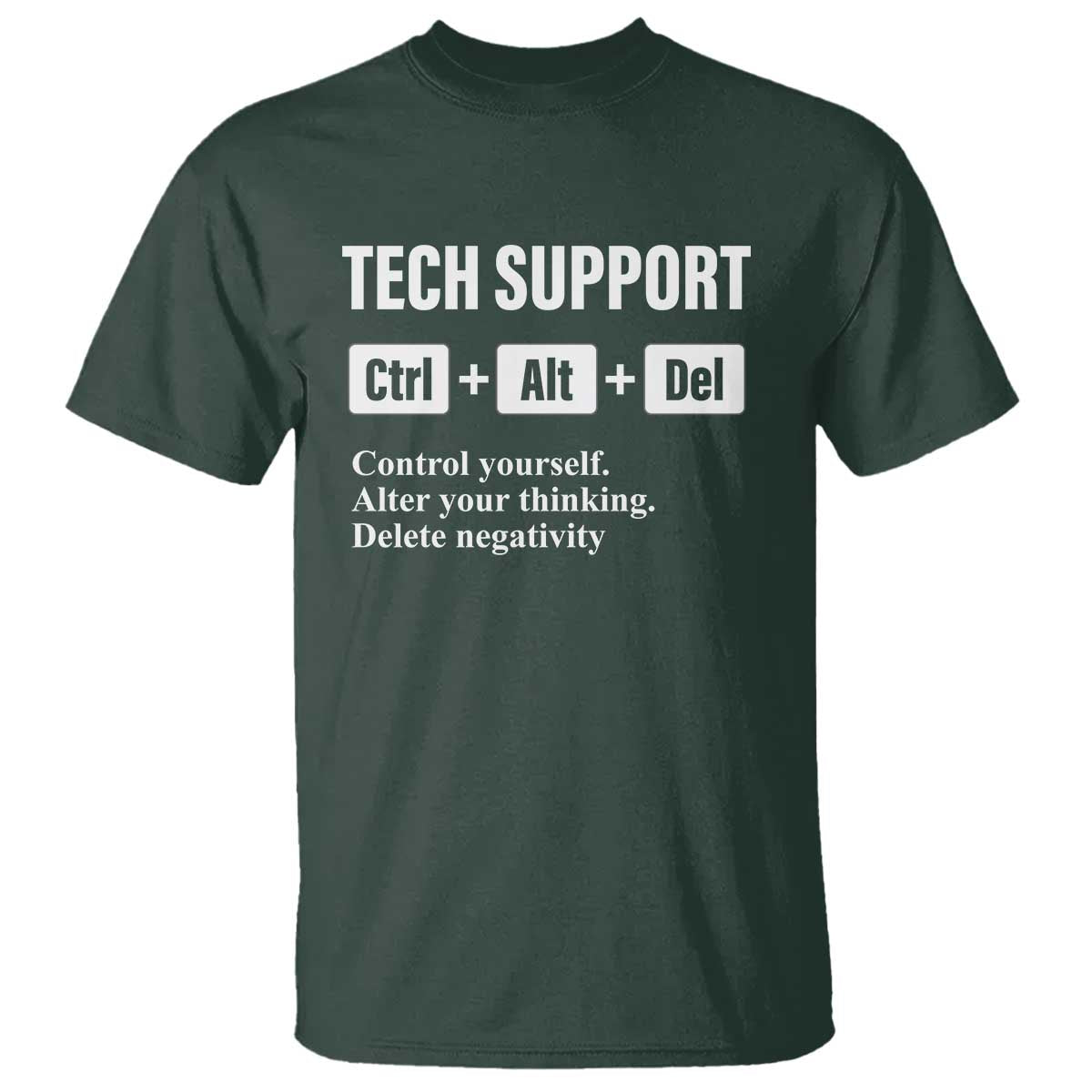 Funny Tech Support T Shirt Ctrl Alt Del Control Yourself Alter Your Thinking Delete Negativity TS11 Dark Forest Green Print Your Wear