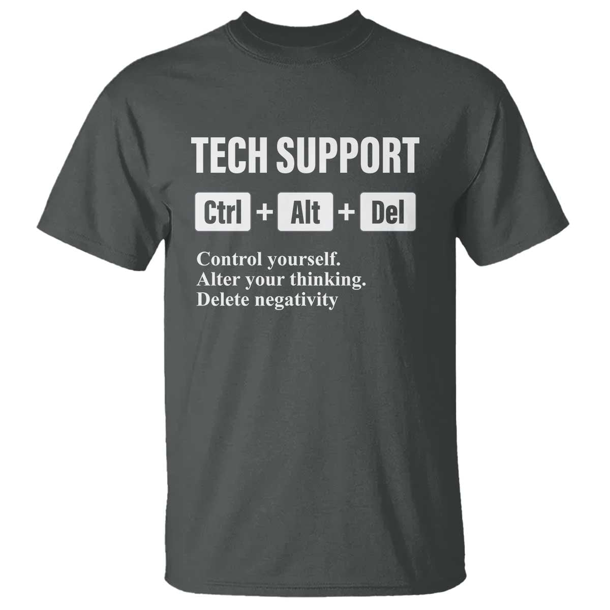 Funny Tech Support T Shirt Ctrl Alt Del Control Yourself Alter Your Thinking Delete Negativity TS11 Dark Heather Print Your Wear
