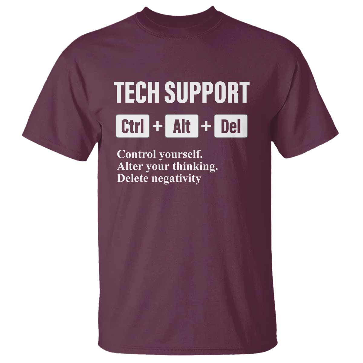 Funny Tech Support T Shirt Ctrl Alt Del Control Yourself Alter Your Thinking Delete Negativity TS11 Maroon Print Your Wear