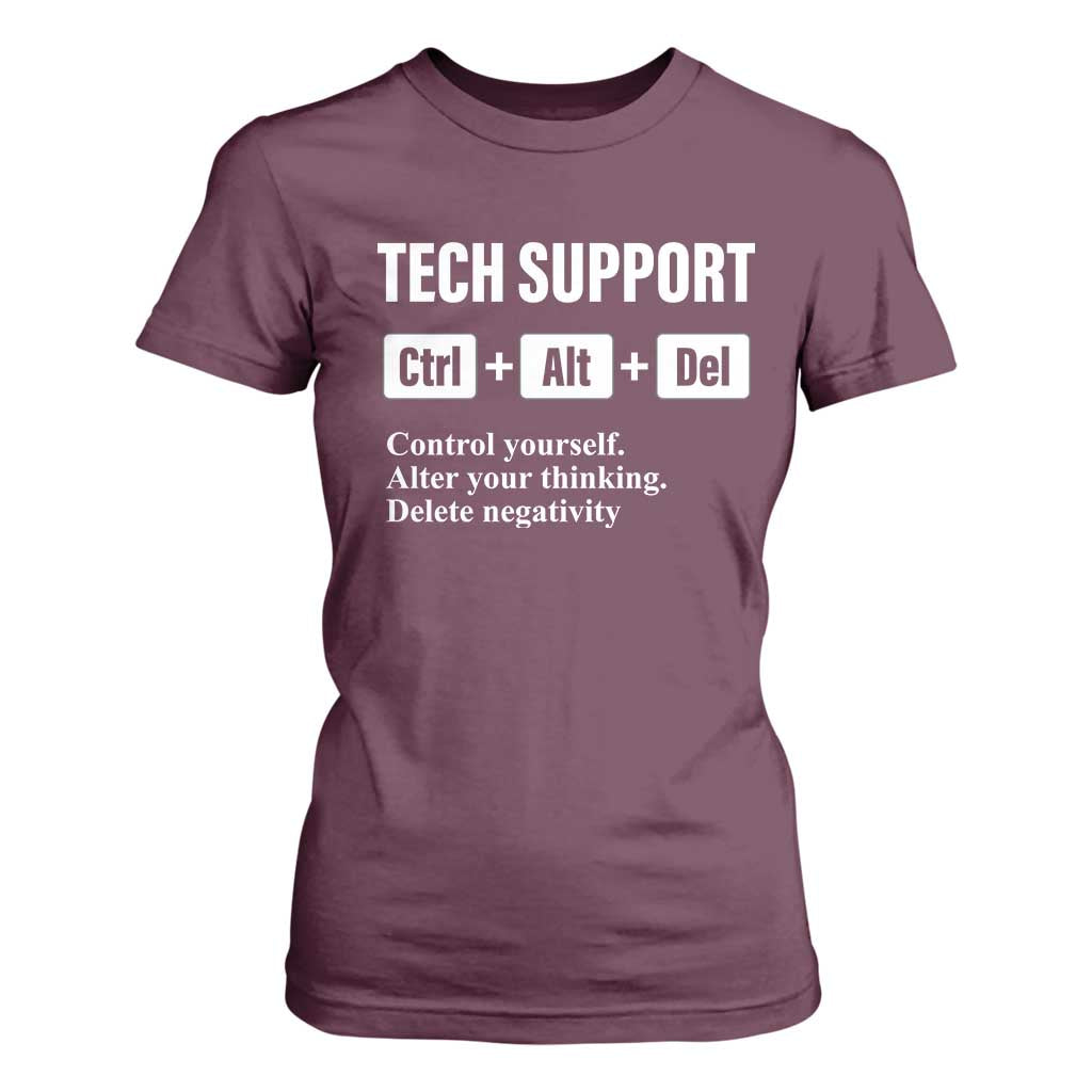Funny Tech Support T Shirt For Women Ctrl Alt Del Control Yourself Alter Your Thinking Delete Negativity TS11 Maroon Print Your Wear
