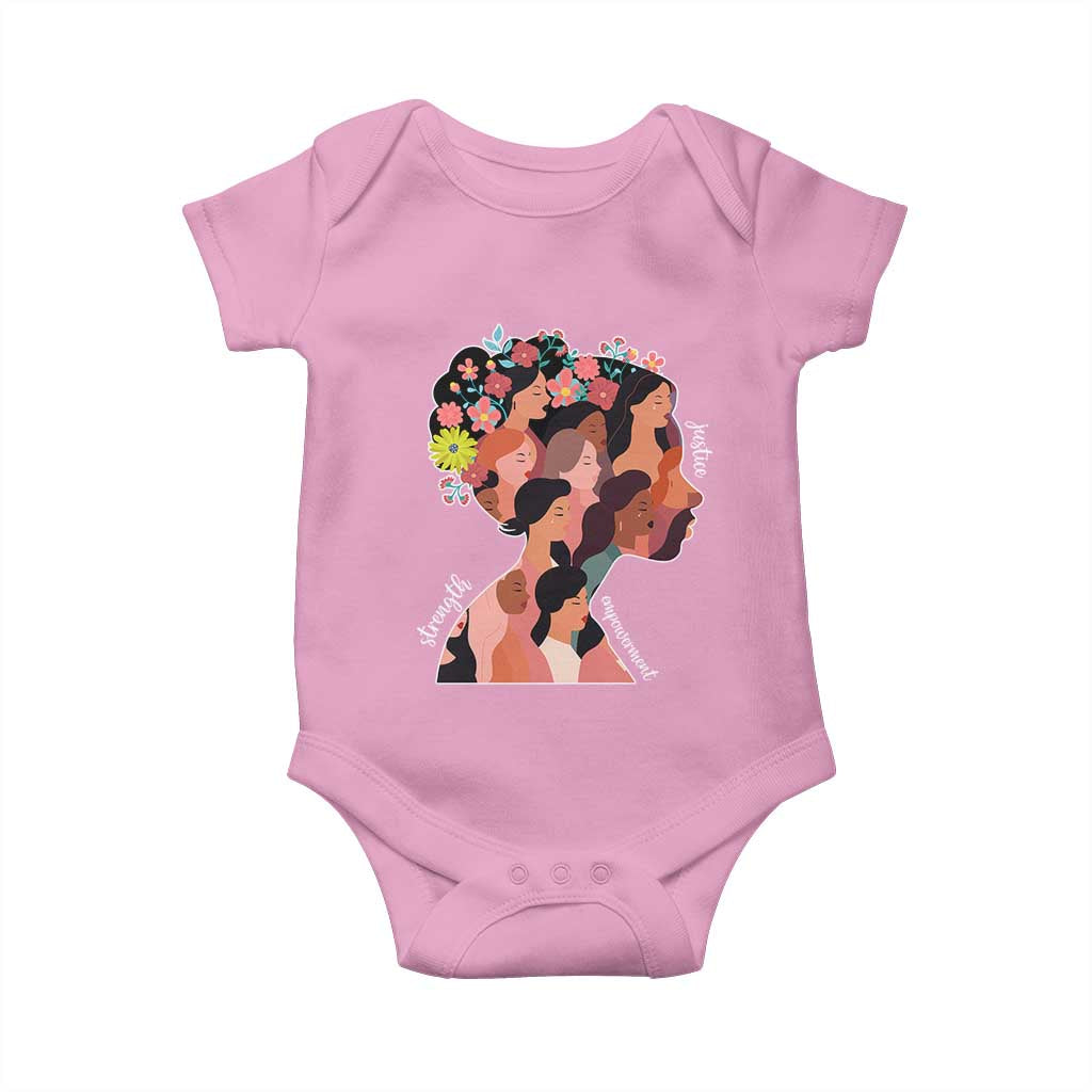 International Women's Day Baby Onesie Justice Strength Empowerment Feminist TS11 Light Pink Print Your Wear