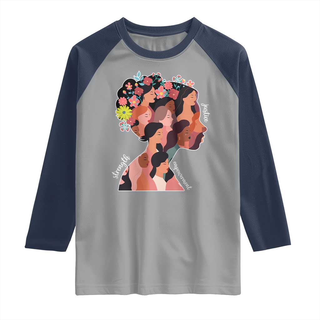 International Women's Day Raglan Shirt Justice Strength Empowerment Feminist TS11 Sport Gray Navy Print Your Wear