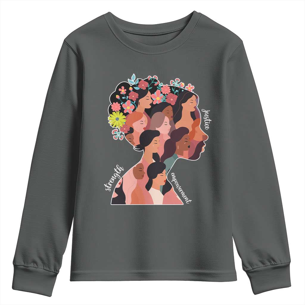 International Women's Day Youth Sweatshirt Justice Strength Empowerment Feminist TS11 Dark Heather Print Your Wear