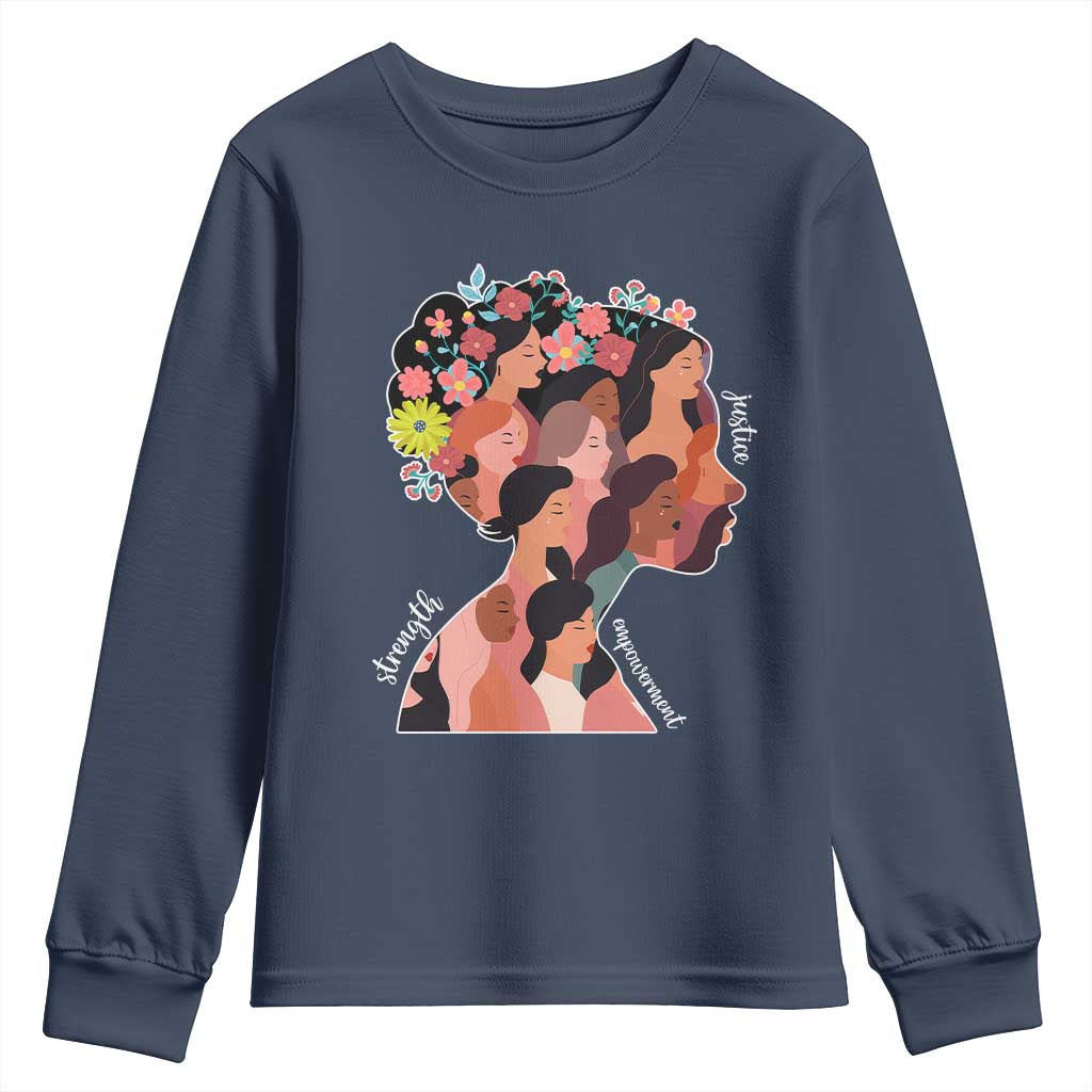 International Women's Day Youth Sweatshirt Justice Strength Empowerment Feminist TS11 Navy Print Your Wear