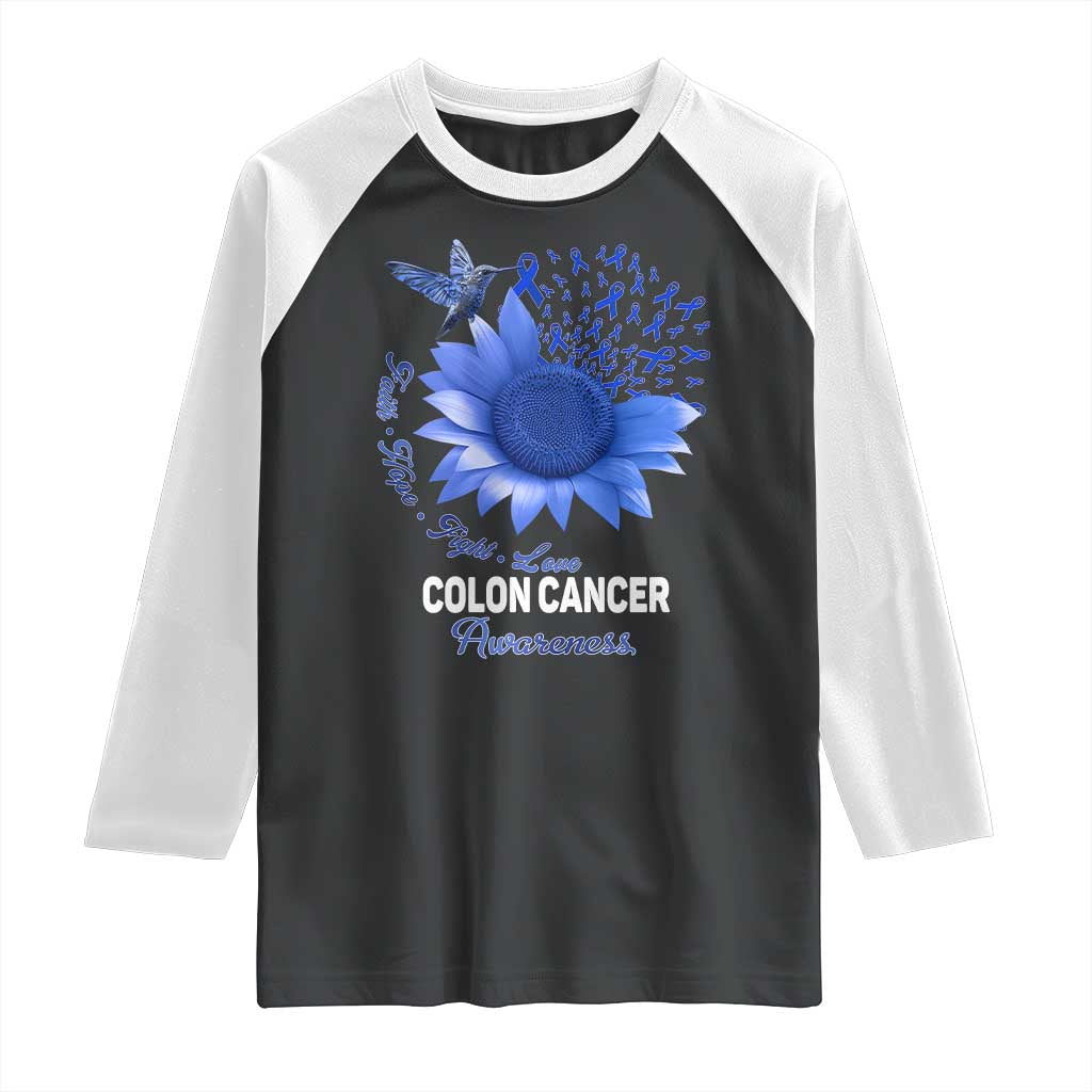 Colon Cancer Awareness Raglan Shirt Faith Hope Fight Love Blue Sunflower Ribbon TS11 Black White Print Your Wear