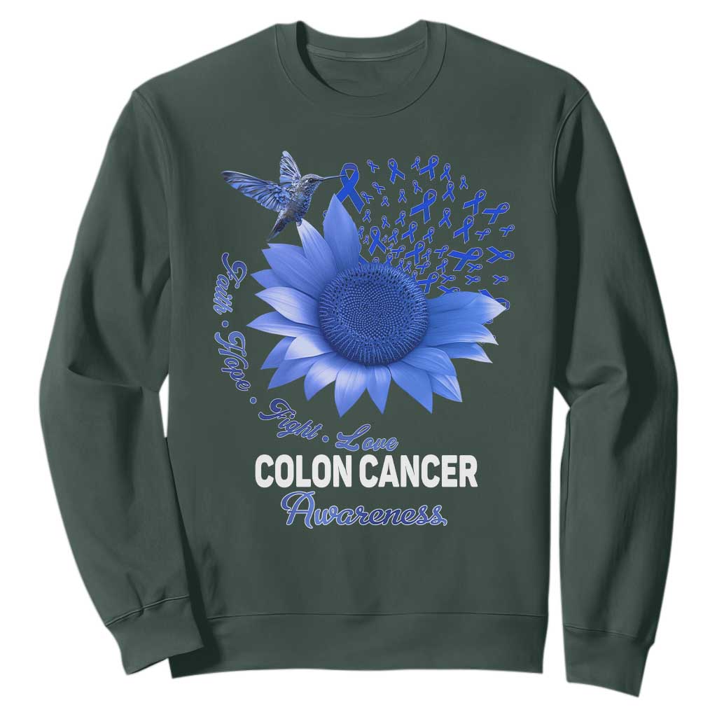 Colon Cancer Awareness Sweatshirt Faith Hope Fight Love Blue Sunflower Ribbon TS11 Dark Forest Green Print Your Wear