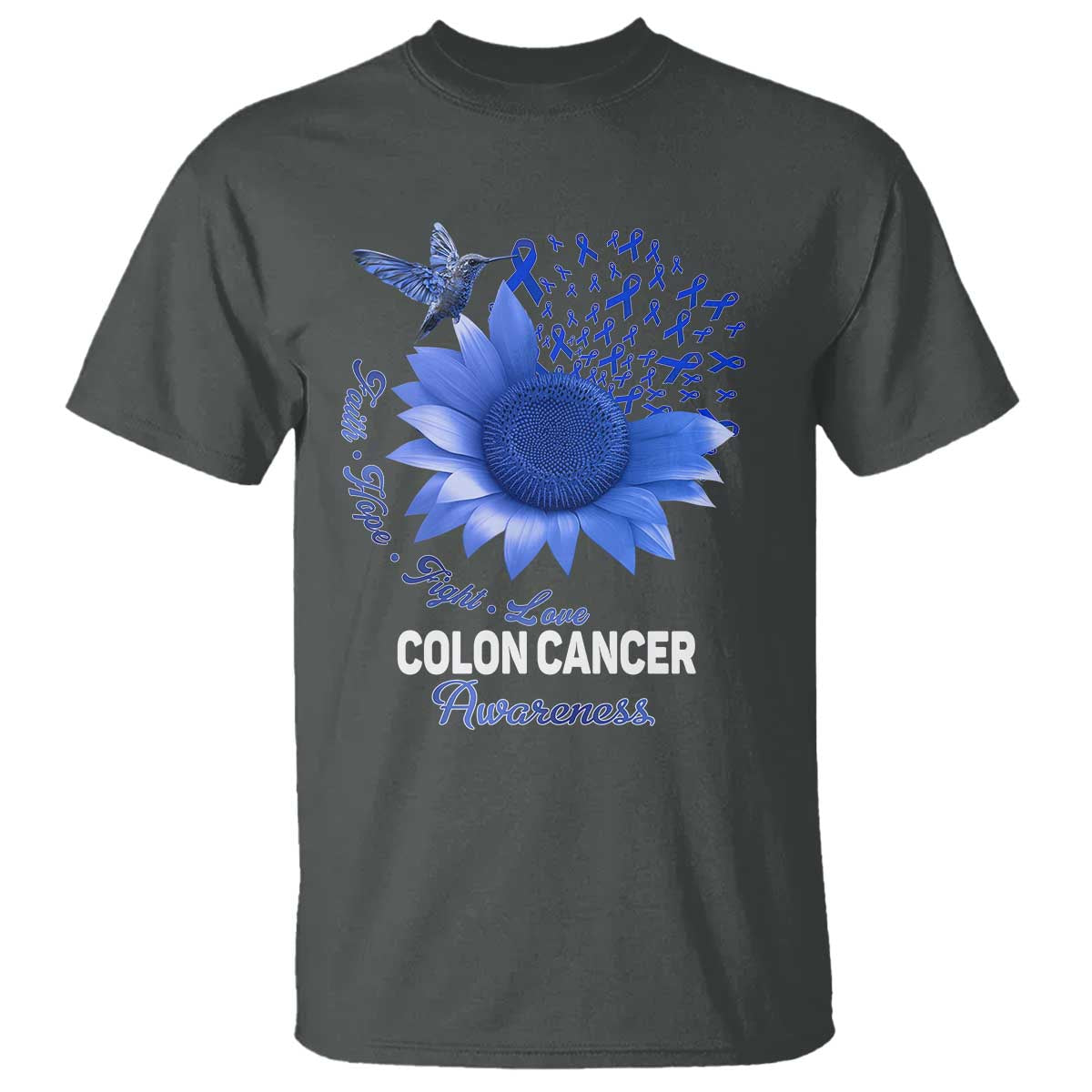 Colon Cancer Awareness T Shirt Faith Hope Fight Love Blue Sunflower Ribbon TS11 Dark Heather Print Your Wear