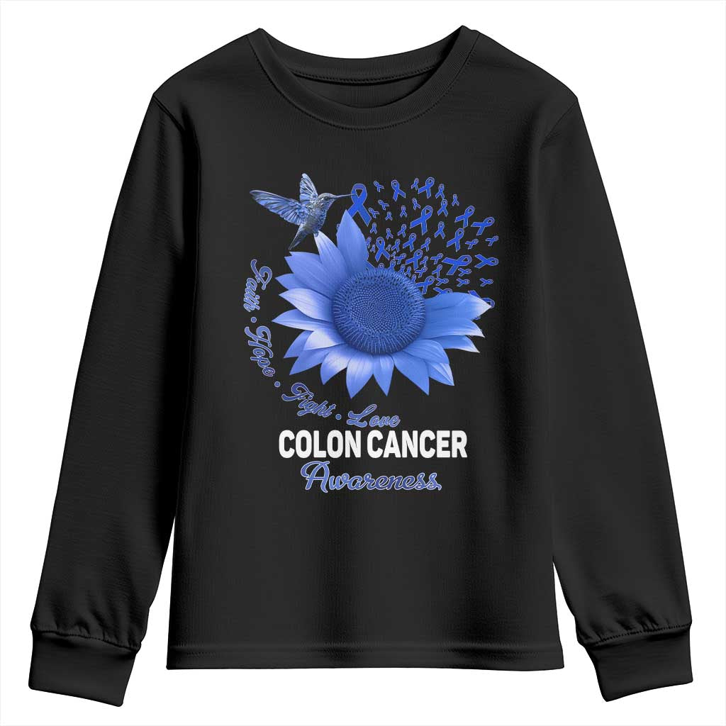 Colon Cancer Awareness Youth Sweatshirt Faith Hope Fight Love Blue Sunflower Ribbon TS11 Black Print Your Wear