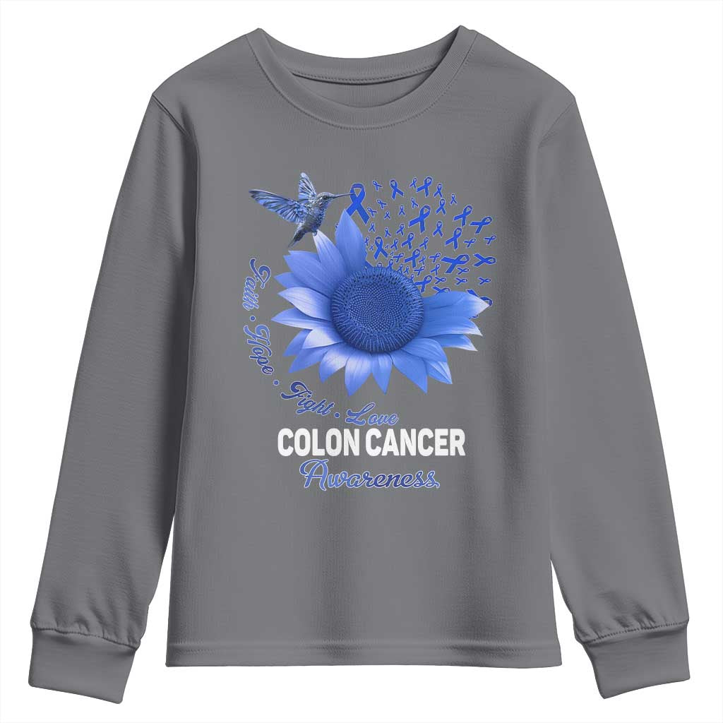 Colon Cancer Awareness Youth Sweatshirt Faith Hope Fight Love Blue Sunflower Ribbon TS11 Charcoal Print Your Wear