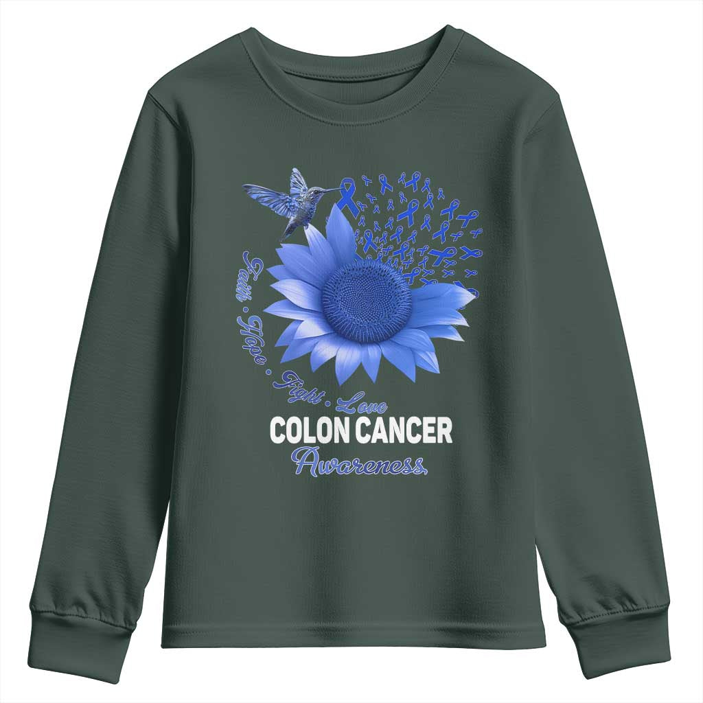 Colon Cancer Awareness Youth Sweatshirt Faith Hope Fight Love Blue Sunflower Ribbon TS11 Dark Forest Green Print Your Wear
