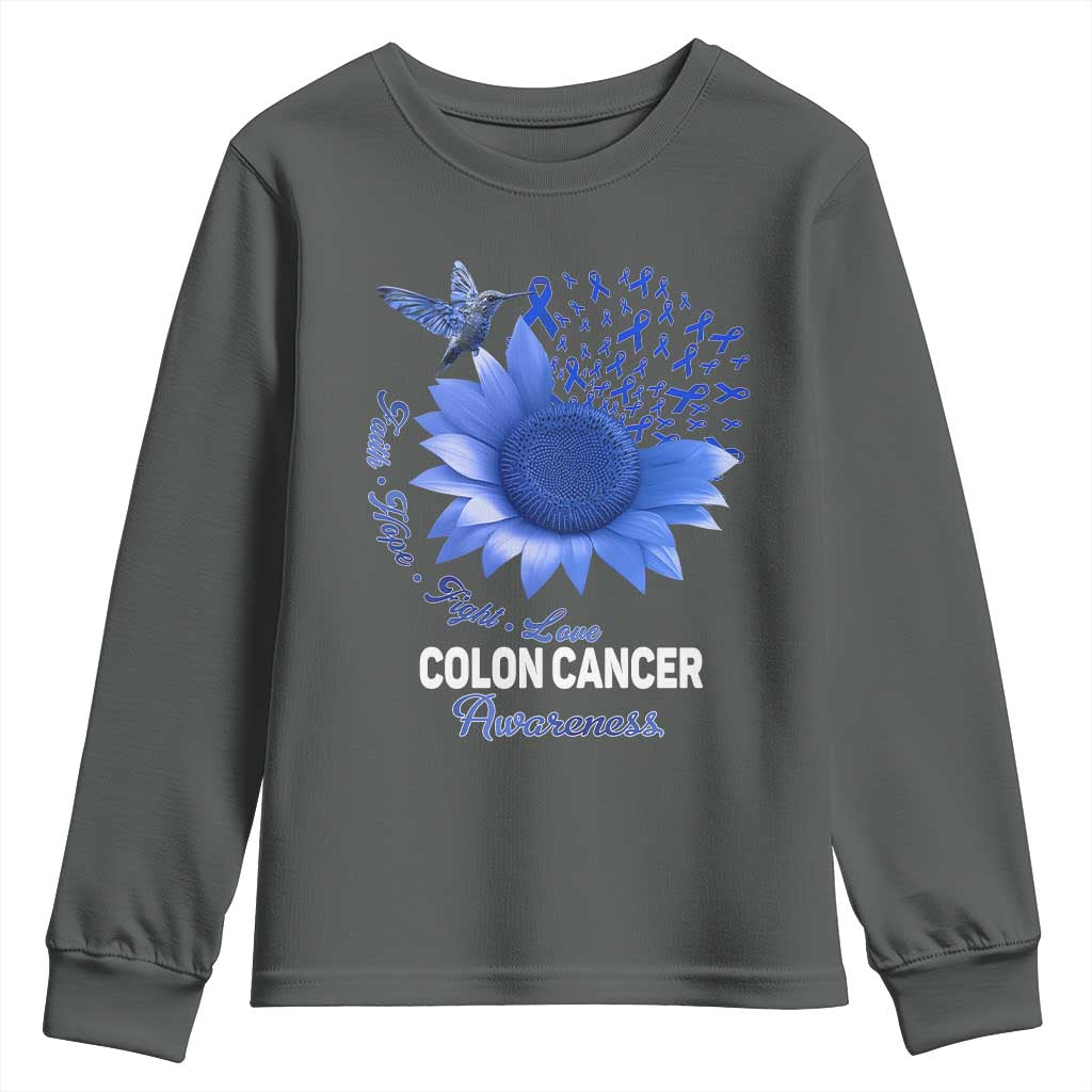Colon Cancer Awareness Youth Sweatshirt Faith Hope Fight Love Blue Sunflower Ribbon TS11 Dark Heather Print Your Wear