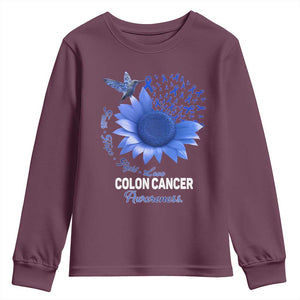 Colon Cancer Awareness Youth Sweatshirt Faith Hope Fight Love Blue Sunflower Ribbon TS11 Maroon Print Your Wear