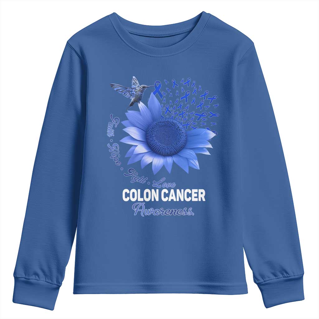 Colon Cancer Awareness Youth Sweatshirt Faith Hope Fight Love Blue Sunflower Ribbon TS11 Royal Blue Print Your Wear
