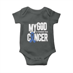 Colorectal Cancer Awareness Baby Onesie My God Is Stronger Than Cancer TS11 Dark Heather Print Your Wear