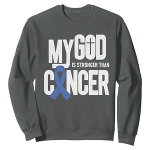 Colorectal Cancer Awareness Sweatshirt My God Is Stronger Than Cancer TS11 Dark Heather Print Your Wear