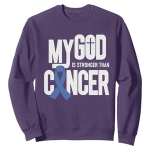 Colorectal Cancer Awareness Sweatshirt My God Is Stronger Than Cancer TS11 Purple Print Your Wear