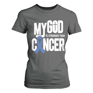 Colorectal Cancer Awareness T Shirt For Women My God Is Stronger Than Cancer TS11 Dark Heather Print Your Wear