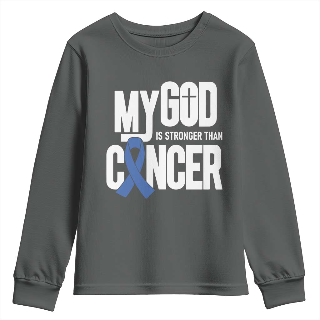 Colorectal Cancer Awareness Youth Sweatshirt My God Is Stronger Than Cancer TS11 Dark Heather Print Your Wear