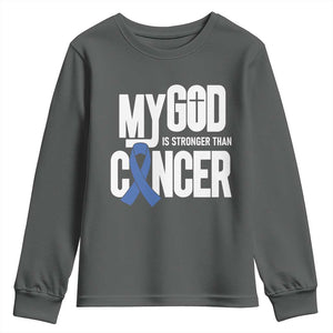 Colorectal Cancer Awareness Youth Sweatshirt My God Is Stronger Than Cancer TS11 Dark Heather Print Your Wear